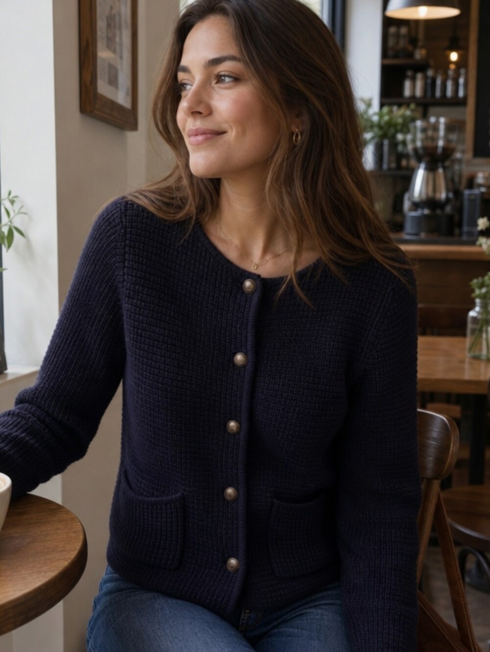 Black Waffle-Knit Button Front Cardigan
